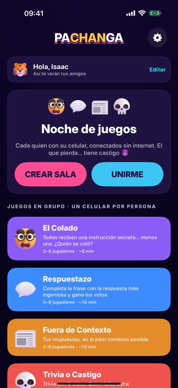 Inicio de Pachanga con los cuatro juegos en grupo
