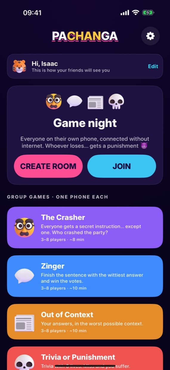 Pachanga home screen with the four group games