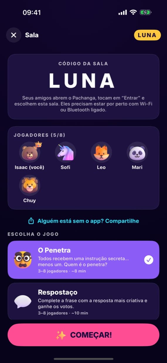 A sala com o código e os jogadores conectados
