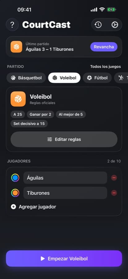 Pantalla de inicio para elegir juego y nombrar equipos