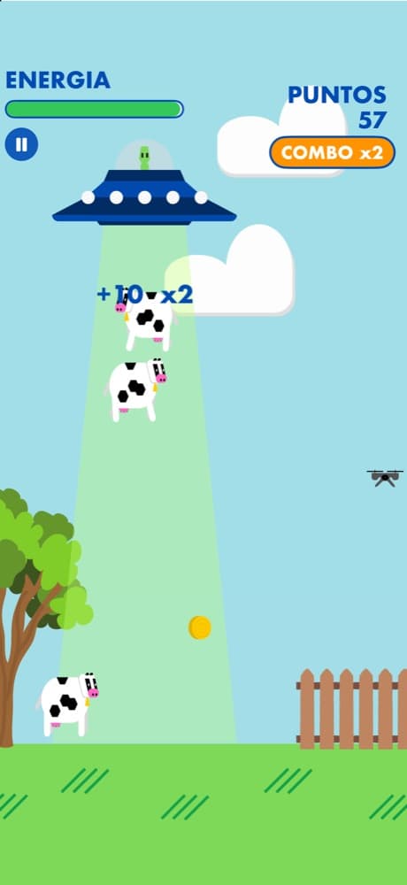 El platillo clásico abduciendo vacas mientras pasa un dron