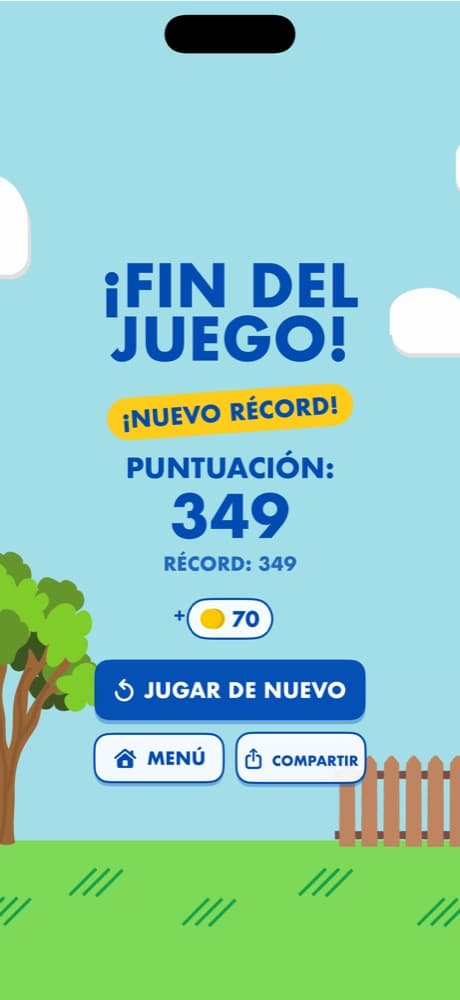 Pantalla de fin del juego con un nuevo récord