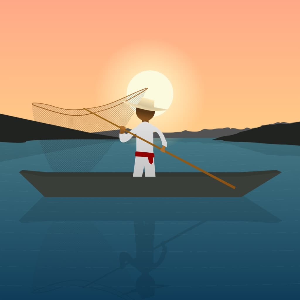 Ilustración de un pescador con red de mariposa en su canoa al amanecer