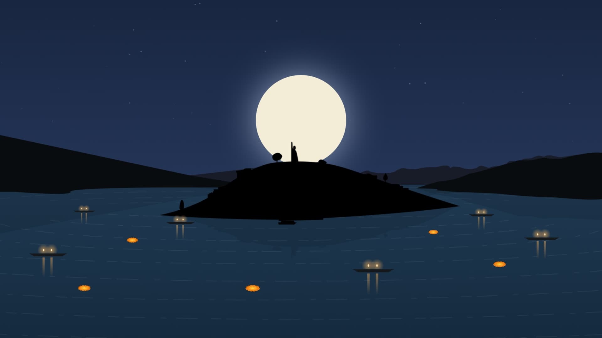 El Lago de Pátzcuaro de noche, con canoas iluminadas por veladoras y la isla de Janitzio bajo la luna